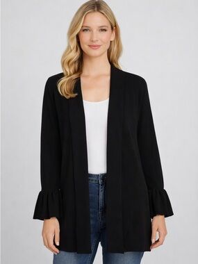Lauren Ralph Lauren Black Cardigan Size M Open Front Ruffle Sleeve Knit Sweater